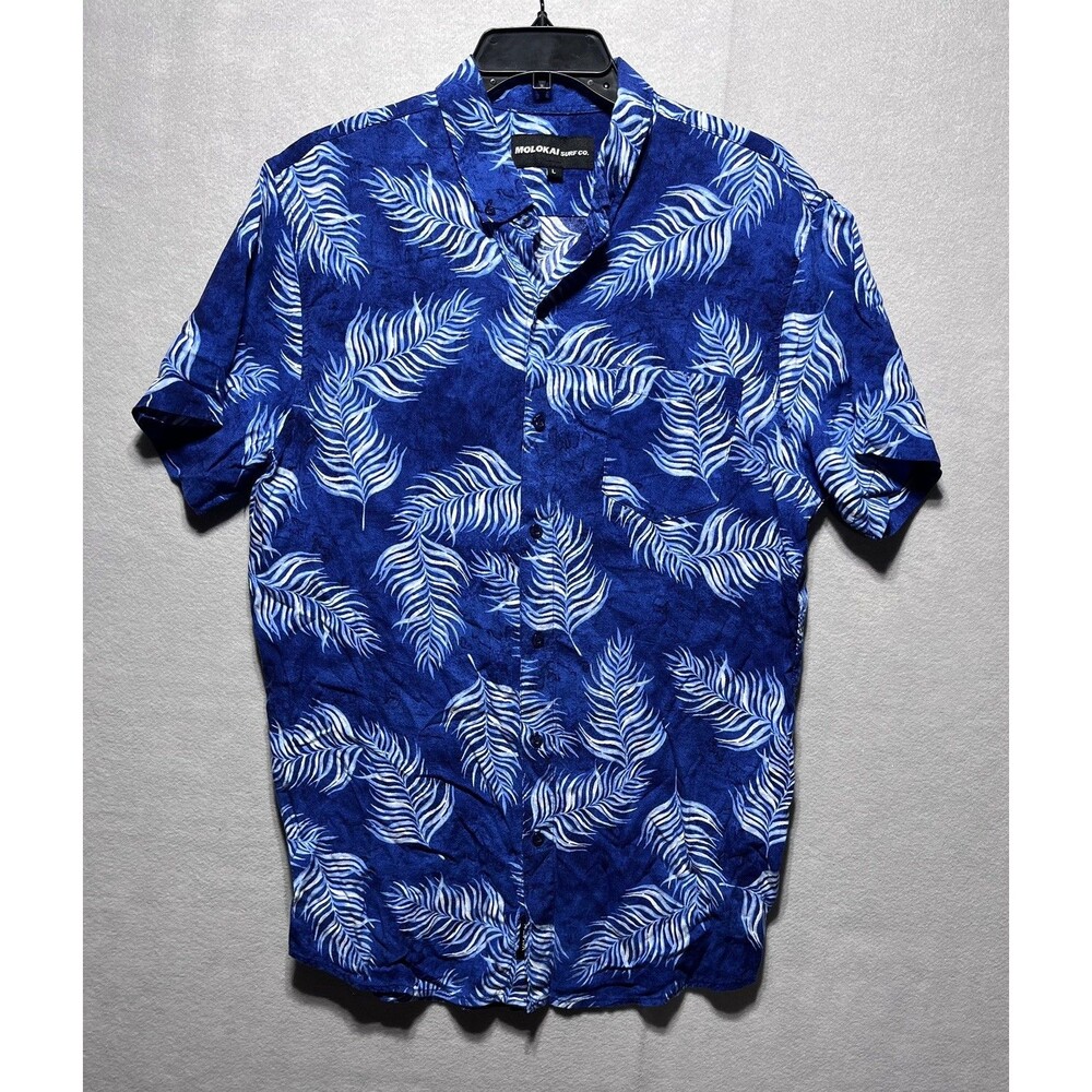 Molokai Surf Co Shirt Men Large Blue Hawaiian Tropical Print Button Down Pocket